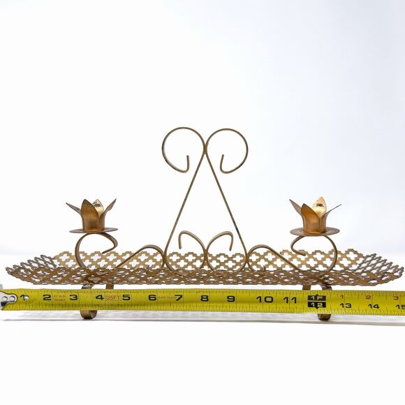 Vintage Brass Tone Quatrefoil Candle Holder Tray Hollywood Regency 15” - Picture 8 of 10